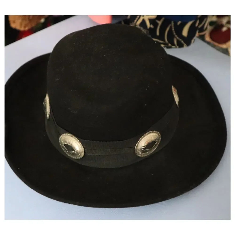 Vintage 70s Black Felt Western Hat Silver Conch Concho Band WOOL Boho Festival - Picture 2 of 6